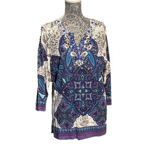 Chico's Embellished Neckline Sequins Beads Tunic Top Blue White Patterned Size 2